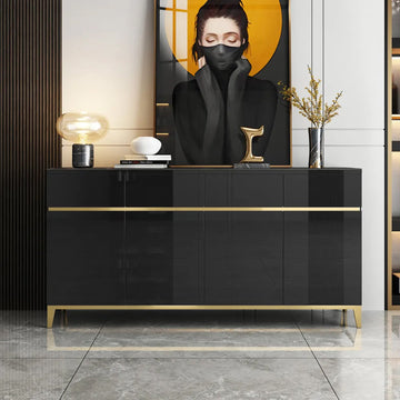59" Black Modern Sideboard with Stone Top & 4 Doors & 4 Drawers in Large